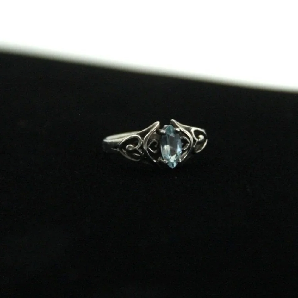 Sterling Silver 925 Blue Oval Topaz December Birthstone Ring Double Heart Size 7